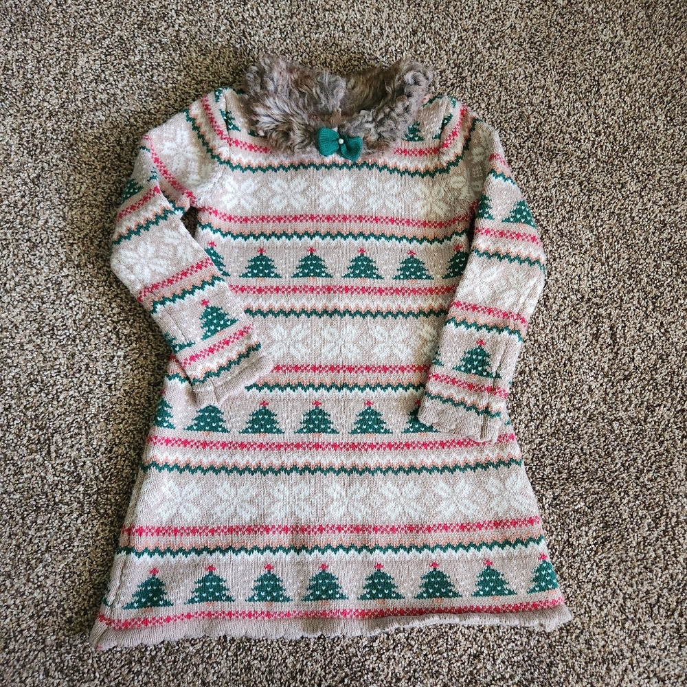 Tommy Bahama Girls Knit Sweater Dress Faux Fur Collar Christmas Holiday Size 4T